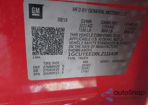 2020 Chevrolet Silverado 1500 4Wd Short Bed Rst из США, поврежденный, VIN 1GCUYEED0LZ111439